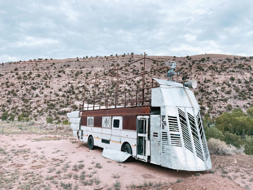 metal bus artwork at CampV in Colorado