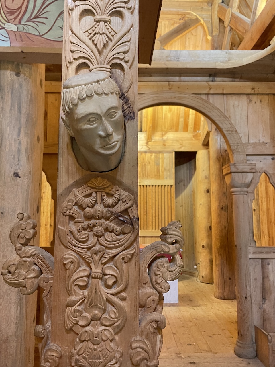 wood carvings inside Stave church